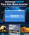 No Drama Pure Sine Wave Power Inverter 3000 Watt 12V Dc To 110V And 120V Ac Converter with USB ports and blue design.