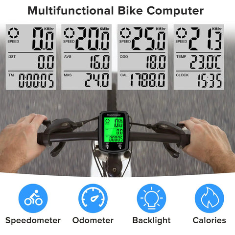 Bike Computer Odometer With Wired Speed Sensor MPH And KMH Readouts Auto Wake Up LCD Display on handlebars with metrics shown