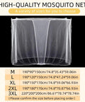 Rectangular white mesh mosquito net canopy with size chart, showing 4 openings, for single or double bed, polyester material.