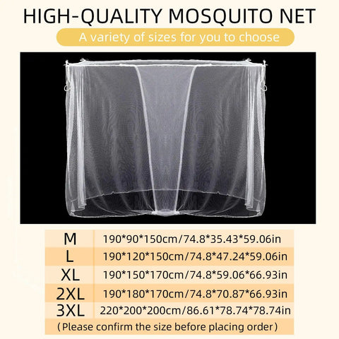 Rectangular white mesh mosquito net canopy with size chart, showing 4 openings, for single or double bed, polyester material.