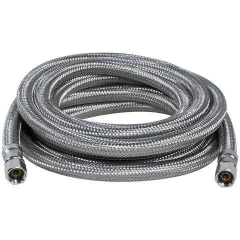 Ice Maker Water Line 10 Feet With PVC Core And Premium Braided Stainless Steel Fittings For Secure One Quarter Inch Compression Connections Pro Grade Puncture Resistant Appliance Supply Hose coiled