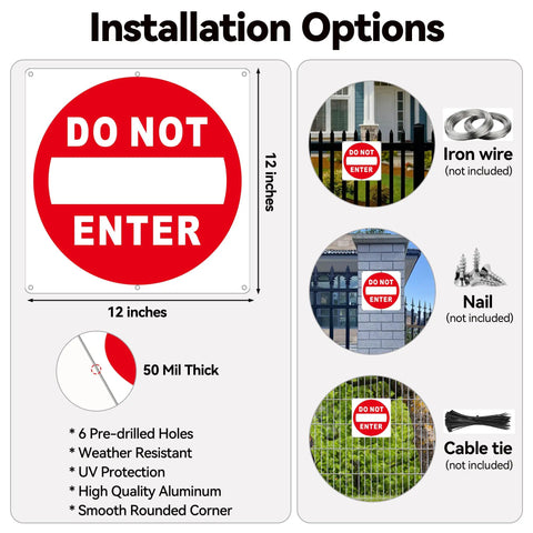 Two Pack Do Not Enter Sign 12x12 Inches Aluminum Reflective No Entry Metal Signage Weather Resistant Easy To Install White And Red Safety Sign For Home, Office, Workshop, And Construction Sites mounted on fence and wall