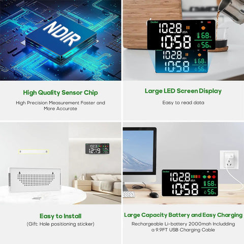 All In One Portable Gym Timer Clock With Interval Countdown And Stopwatch 50 Hour Battery Life Ideal For Home Gym Garage Boxing And Fitness Training Perfect HIIT Circuits And WOD Sessions displayed on a large LED screen with easy installation instructions and charging cable included, highlighting its use for fitness and training sessions.