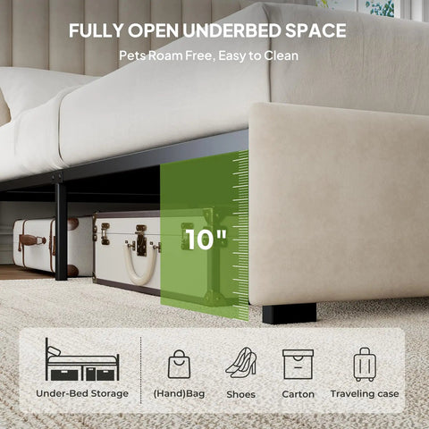 Fully open underbed space of Queen Velvet Upholstered Bed Frame With Tufted Headboard, ideal for storage and pets.