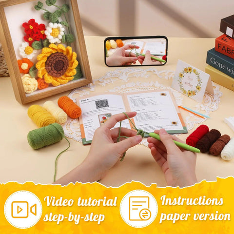 Sunflower Crochet Kit With Photo Frame Easy Diy Fun Flower Craft Set With Yarn Hooks Stitch Markers Floral Wire Fiber Fill Instruction Beginner Friendly Gift For Mothers Day And Thanksgiving shown with materials and instructions.