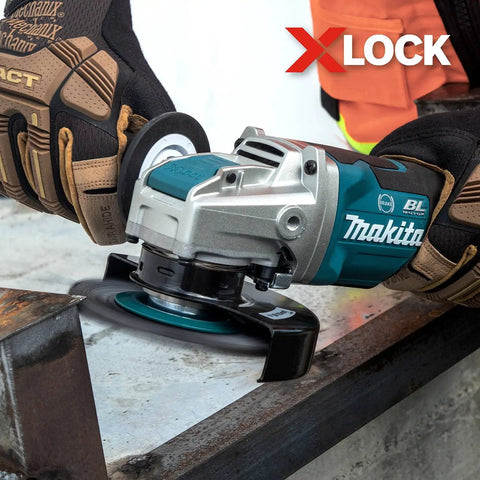 X-Lock Quick Change Carbon Steel Crimped Wire Wheel Brush Four And A Half Inch for angle grinders in use on metal surface