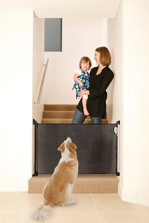 Indoor Outdoor Retractable Mesh Baby Gate With Dual Hardware For Easy Relocation Expands Up To 55 Inches Wide And Stands 33 Inches Tall Ideal For Doorways And Stairs Weather Resistant UV Treated Mesh Black