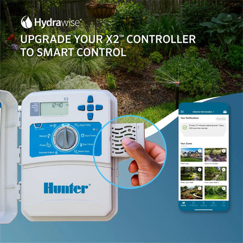 Hand inserting Wand Smart WiFi Module for X2 Sprinkler Controller with Hydrawise App remote scheduling setup view