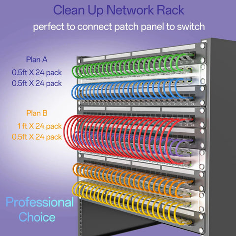 Clean network rack with organized cables connecting patch panel to switch.