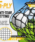 Heavy Duty 10x7 Ft Golf Practice Net Kit With Backyard Driving Range Setup Real Golf Balls Mat Target Cloth 6 Balls 6 Tees 4 U Ground Stakes Carry Bag, featuring close-up of 5-ply anti-tear net with real golf ball in netting.