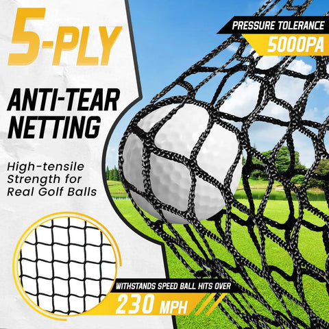Heavy Duty 10x7 Ft Golf Practice Net Kit With Backyard Driving Range Setup Real Golf Balls Mat Target Cloth 6 Balls 6 Tees 4 U Ground Stakes Carry Bag, featuring close-up of 5-ply anti-tear net with real golf ball in netting.