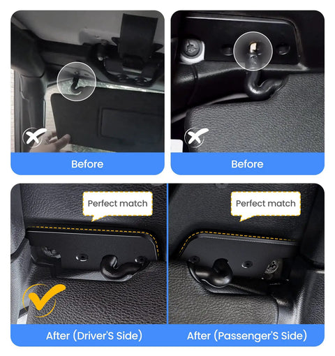 Comparison of before and after installation of Heavy Duty Sun Visor Repair Kit for Jeep Wrangler JL JLU and Gladiator JT
