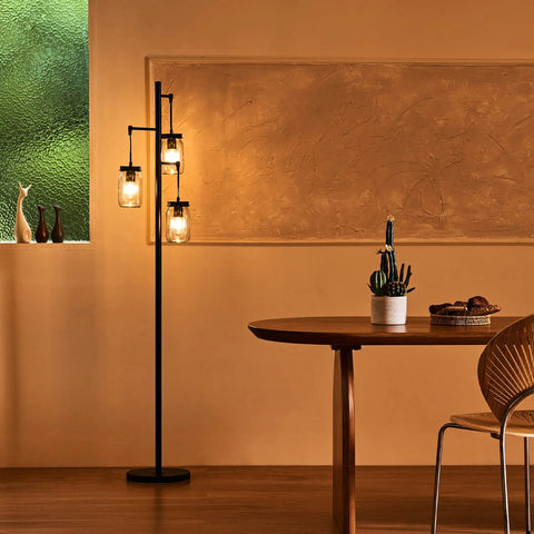 Industrial Floor Lamp With Mason Jar Base And Hanging Glass Shades In A Dope Modern Tree Design Five Foot Tall Reading Light