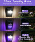 Solar Powered Bug Zapper Outdoor 2 In 1 Waterproof Cordless Mosquito Killer Lamp With UV Light And Motion Sensor Light For Patio Yard Garden All Weather Black shown in three modes