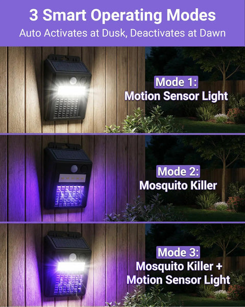 Solar Powered Bug Zapper Outdoor 2 In 1 Waterproof Cordless Mosquito Killer Lamp With UV Light And Motion Sensor Light For Patio Yard Garden All Weather Black shown in three modes