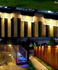 Solar Deck Lights 3000K Warm White Color Changing Outdoor Fence Lights For Steps Rails Walls Poolside LED Waterproof Patio Decor 6 Pack No Fuss Install Durable Weatherproof Solar Power illuminating railings, steps, and fence.