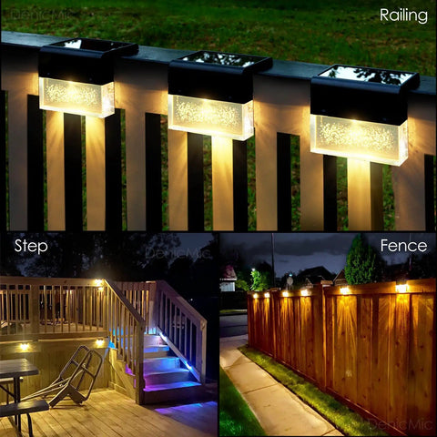 Solar Deck Lights 3000K Warm White Color Changing Outdoor Fence Lights For Steps Rails Walls Poolside LED Waterproof Patio Decor 6 Pack No Fuss Install Durable Weatherproof Solar Power illuminating railings, steps, and fence.