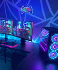 Gaming setup with LED Dimmable Neon Sign In Dope Gamepad Controller Shape For Living Room Bedroom And Game Room Decor Bright Usb Powered Wall Light Perfect For Teens Boys Girls Kids Gamer Gifts above monitors