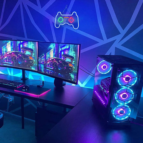 Gaming setup with LED Dimmable Neon Sign In Dope Gamepad Controller Shape For Living Room Bedroom And Game Room Decor Bright Usb Powered Wall Light Perfect For Teens Boys Girls Kids Gamer Gifts above monitors