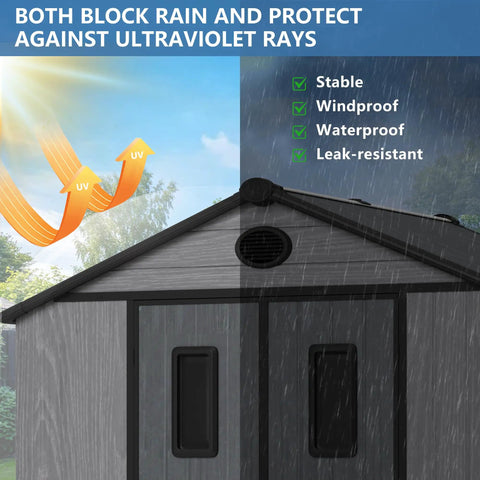 8x6 Ft Resin Storage Shed With Floor For Backyard And Outdoors roof showing UV resistance and waterproof features
