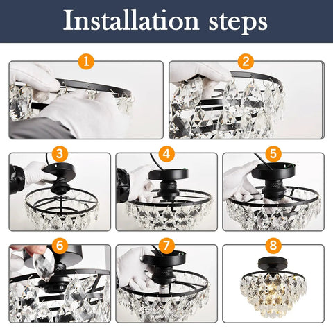 Installation steps for Modern Black Crystal Ceiling Light Fixture Semi Flush Mount Chandelier E26 Base 110V 60W