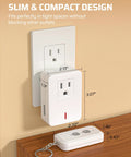 Plug And Play Indoor Remote Control Outlet Kit with size measurements, shown installed in wall outlet and remote on table