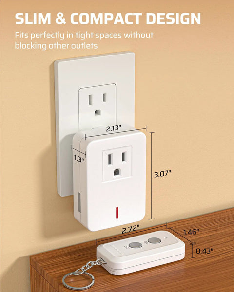 Wireless Remote Control Outlet Plug Power Switch Kit with dimensions showing slim compact design in white, ideal for elderly