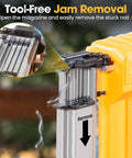 Cordless Brad Nailer Built Tough For Long Shifts With No Sweat showing tool-free jam removal feature with aligned brads.
