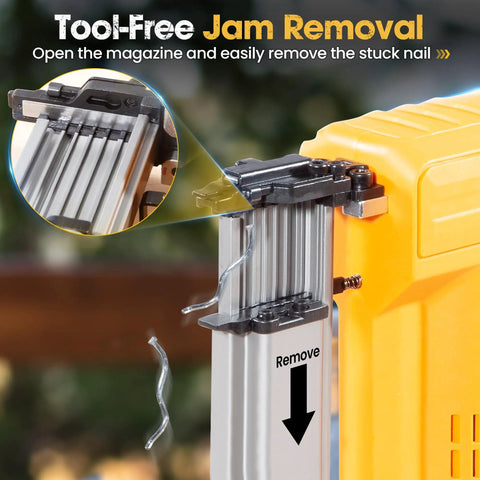Cordless Brad Nailer Built Tough For Long Shifts With No Sweat showing tool-free jam removal feature with aligned brads.