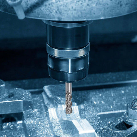 Installed carbide end mill in CNC spindle, 4-flute, 13 mm diameter, straight shank