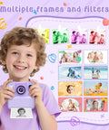Child holding Kids Camera With Instant Print And Flip Lens, 1080P HD Video, Inkless Pocket Digital Camera, purple with print preview