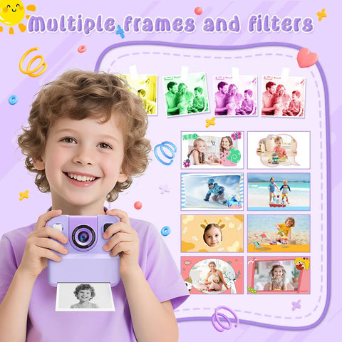 Child holding Kids Camera With Instant Print And Flip Lens, 1080P HD Video, Inkless Pocket Digital Camera, purple with print preview
