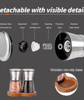 Salt And Pepper Grinder Set With Wooden Standing Tray Refillable Pepper Mill Set in Brushed Stainless Steel Short Glass Shakers Adjustable Coarseness details