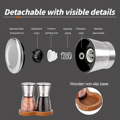 Salt And Pepper Grinder Set With Wooden Standing Tray Refillable Pepper Mill Set in Brushed Stainless Steel Short Glass Shakers Adjustable Coarseness details