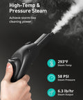 Turquoise Heavy Duty Handheld Steam Cleaner Mop 293 Degree Heat, 58 PSI Powerful Steamer showing steam output and handle detail.