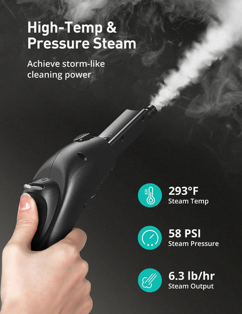 Turquoise Heavy Duty Handheld Steam Cleaner Mop 293 Degree Heat, 58 PSI Powerful Steamer showing steam output and handle detail.