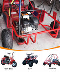 Red go-kart frame showcasing compatibility with 145/70-6 Tubeless Go Kart And Mini Bike Tire For Coleman PowerSports KT196.