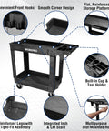 Heavy Duty Rolling Tool Cart Two Tier With Locking Casters, 500 Lb Capacity, Durable PP Construction, Mobile Workshop Organizer For Tools And Supplies, Top Shelf 31x17x4 In, Bottom Shelf 30x16x4 In, black with hooks and cup holder