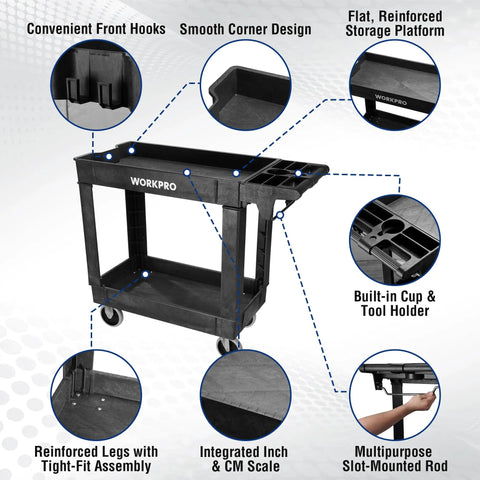 Heavy Duty Rolling Tool Cart Two Tier With Locking Casters, 500 Lb Capacity, Durable PP Construction, Mobile Workshop Organizer For Tools And Supplies, Top Shelf 31x17x4 In, Bottom Shelf 30x16x4 In, black with hooks and cup holder