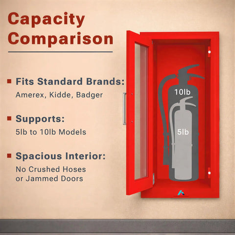 Semi Recessed Fire Extinguisher Cabinet Red For 5 To 10 Lb Extinguishers Heavy Duty Steel Wall Mount Box With Signage Seals And Tags ADA Friendly Ultra Low Profile Projects Only Two And A Half Inches No Extra Purchases Required showing interior capacity comparison