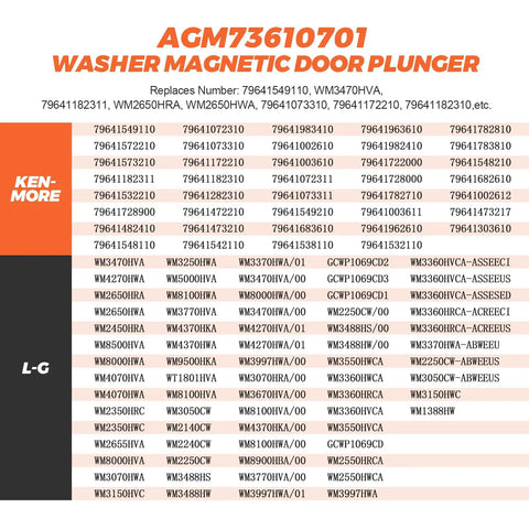 Upgraded 2026 Washer Magnetic Door Plunger Replacement Part For LG And Kenmore Elite Washers Fits WM3050 WM3170CW WM8000HA WM3770 WM3670HWA And More Models Easy Install Durable Door Magnet Plunger, AGM73610701 for front-load washers