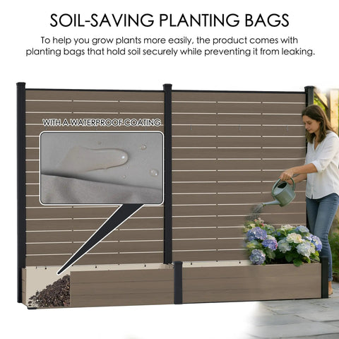 Two Pack Outdoor Privacy Screen With Planter For Patio Or Balcony, Standing 70 Inches Tall By 51 Inches Wide, woman watering plants