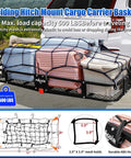 Foldable Hitch Mount Cargo Carrier Basket with 60 inch by 21.5 inch frame, 500 lbs capacity, loaded with items, attached to vehicle