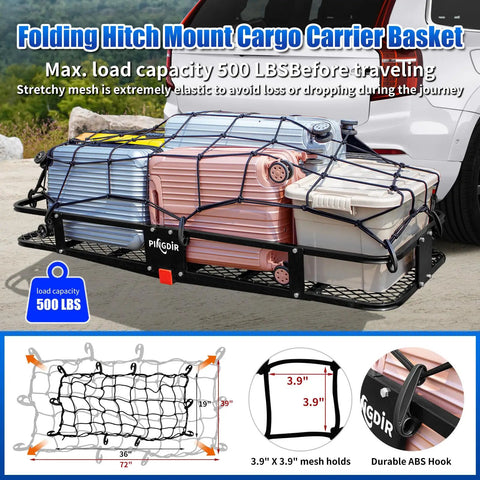Foldable Hitch Mount Cargo Carrier Basket with 60 inch by 21.5 inch frame, 500 lbs capacity, loaded with items, attached to vehicle