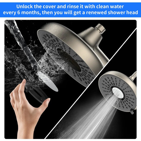 Chrome Fixed Showerhead With 135 Self Cleaning Silicone Nozzles, 1.75 GPM Flow in use and being cleaned, 360 Degree Rotation