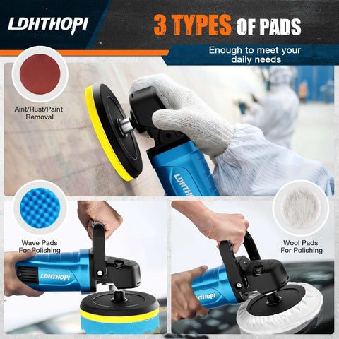 Top Shelf Heavy Duty Workhorse 1800W Rotary Buffer Polisher Waxer Machine with three types of pads for various tasks.