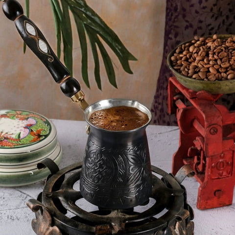 Hand Hammered Copper Turkish Coffee Pot 12 Oz With Wooden Handle And Wooden Spoon, Stovetop Cezve Ibrik Briki brewing on stovetop