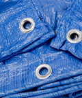 Close-up of grommets on Beefy Waterproof Poly Tarp 9 By 12 Feet With 8x8 Weave And 5 Mil Thickness Outdoor Protective Cover, blue tarp material