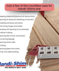 Heavy Duty Reusable Plastic Construction Shims For Spacing And Leveling, 40 Piece Assorted Pack In Four Sizes One Thirty Second Inch One Sixteenth Inch One Eighth Inch One Quarter Inch Ideal For Deep Applications Handi Shim on wooden surface with usage suggestions.