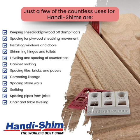 Heavy Duty Reusable Plastic Construction Shims For Spacing And Leveling, 40 Piece Assorted Pack In Four Sizes One Thirty Second Inch One Sixteenth Inch One Eighth Inch One Quarter Inch Ideal For Deep Applications Handi Shim on wooden surface with usage suggestions.